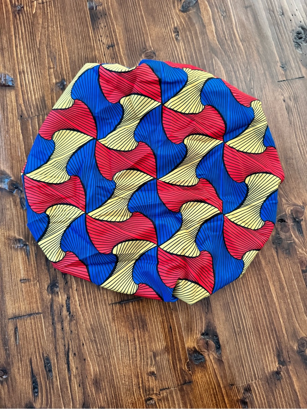 Vibrant Patterned Satin Lined Bonnet- Red, Blue, Yellow